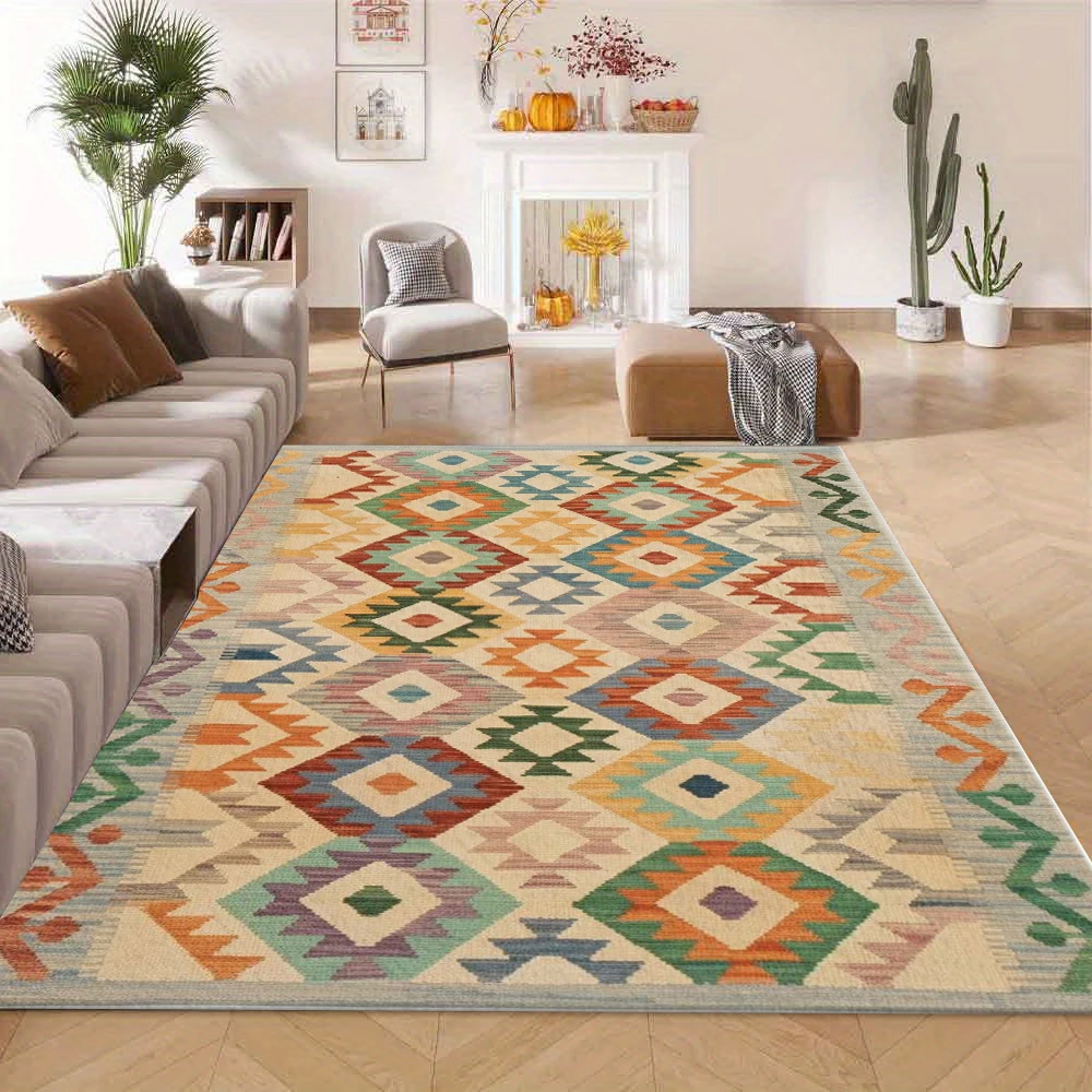 Boho Kilim Style Area Rug Multicolor Diamond Geometric Retro Ethnic Floor Carpet for Living Room Bedroom Home Decoration