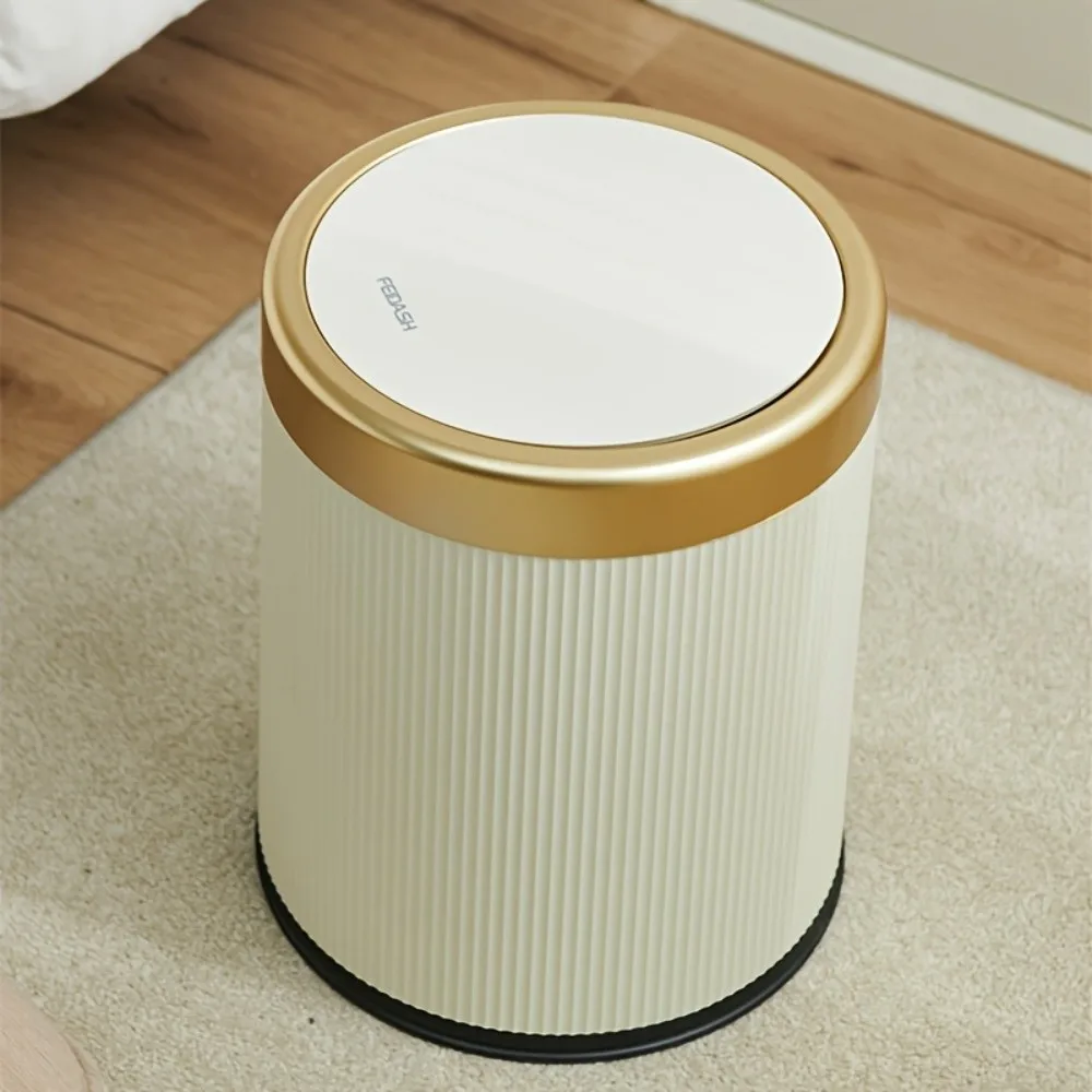 Luxury Press Type Kitchen Trash Can with Lid Odor-Sealing 12L Garbage Bin Round Ridged Body Living Room Dustbin Garage Toilet