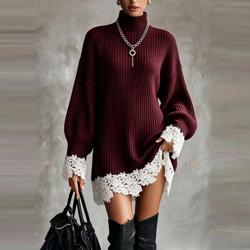 Elegant Lace Splice Loose Party Dress Fashion Turtleneck Hight Waist Knit Dress Fall Winter Casual Long Sleeve Solid Mini Dress