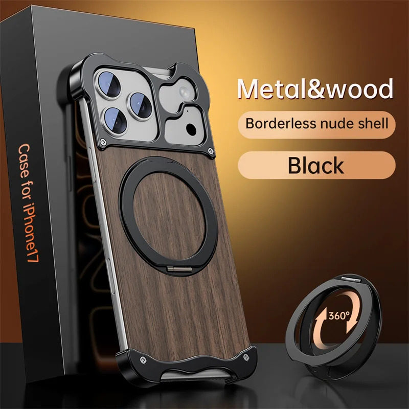 For iPhone 17 16 15 Pro Max Luxury Aluminum Alloy Bumper Wood Grain Case for iPhone 17 Pro 360 ° Rotating Bracket Magnetic Cover