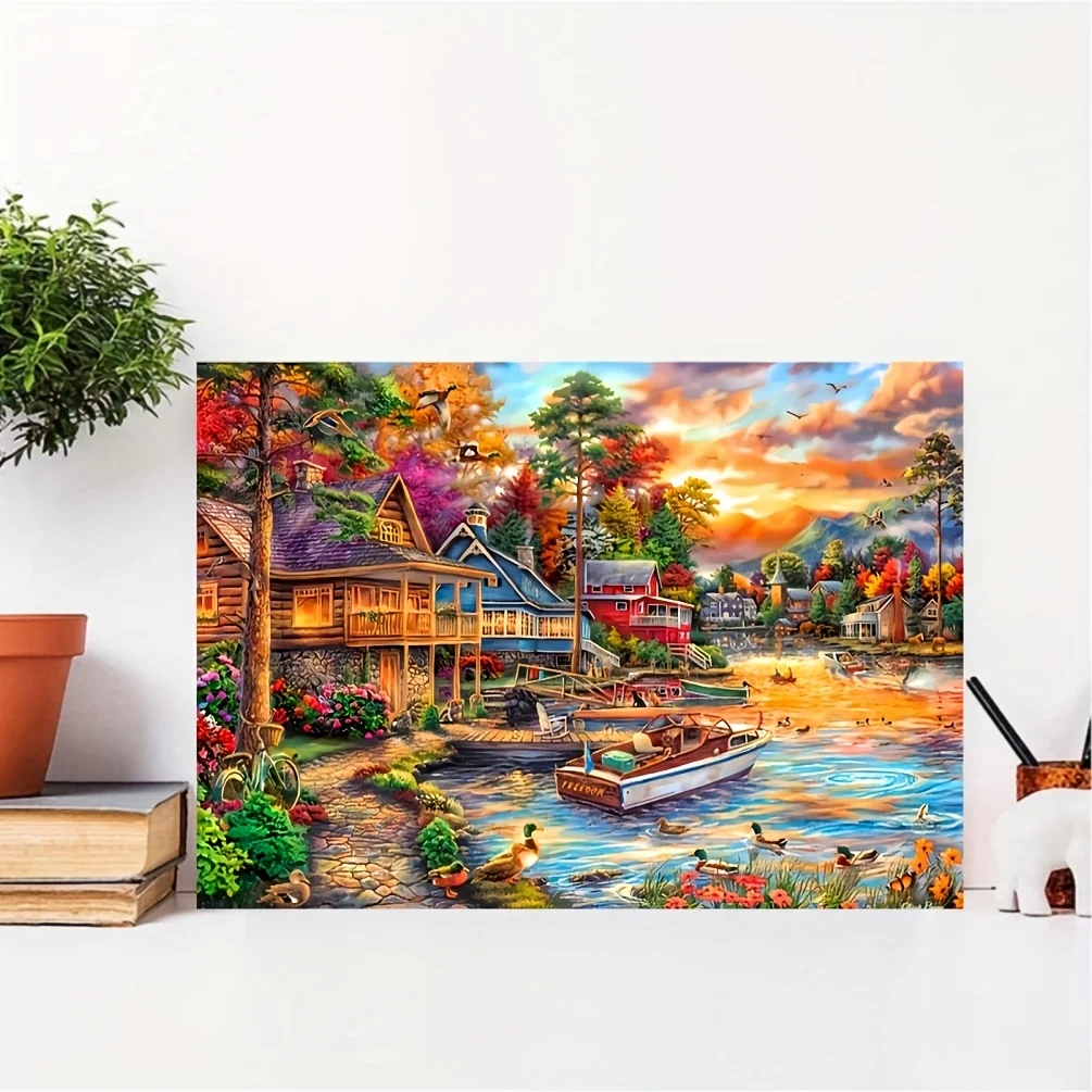 1000 peças quebra-cabeça de cabine junto a lago - jogo de quebra-cabeça desafiador com pôr do sol junto a lago sereno, barcos, patos, cabines rústicos - Vibr
