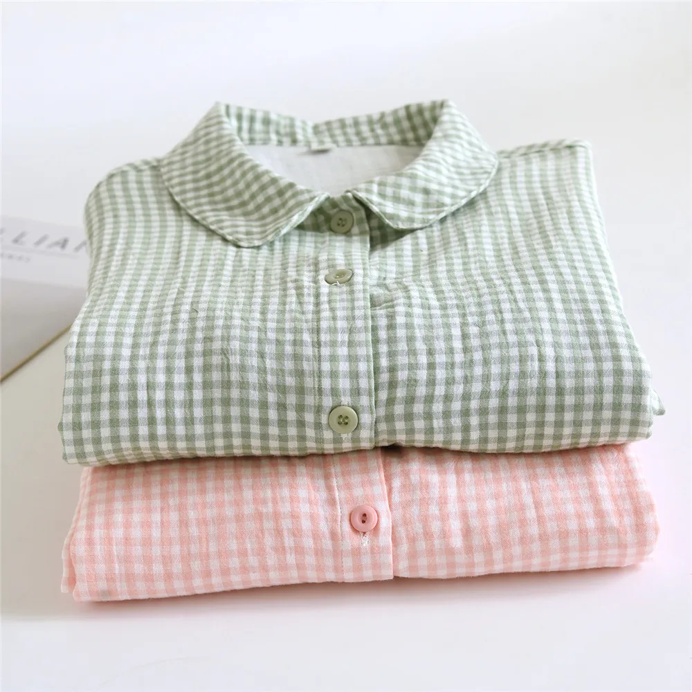 Women's Spring Autumn Plaid Print Cotton Long-Sleeved Shirt Pants Sweet Style Loungewear Soft Comfortable Homewear