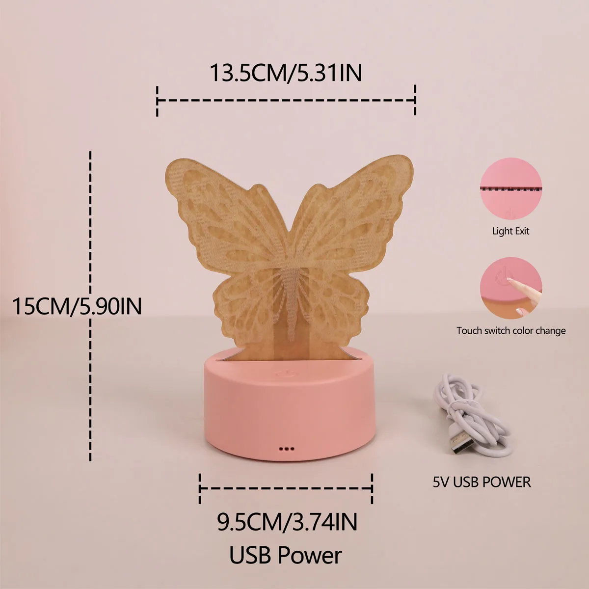 USB touch RGB 7 color night light, pink butterfly 3D night light, suitable for bedroom rooms, gift atmosphere light