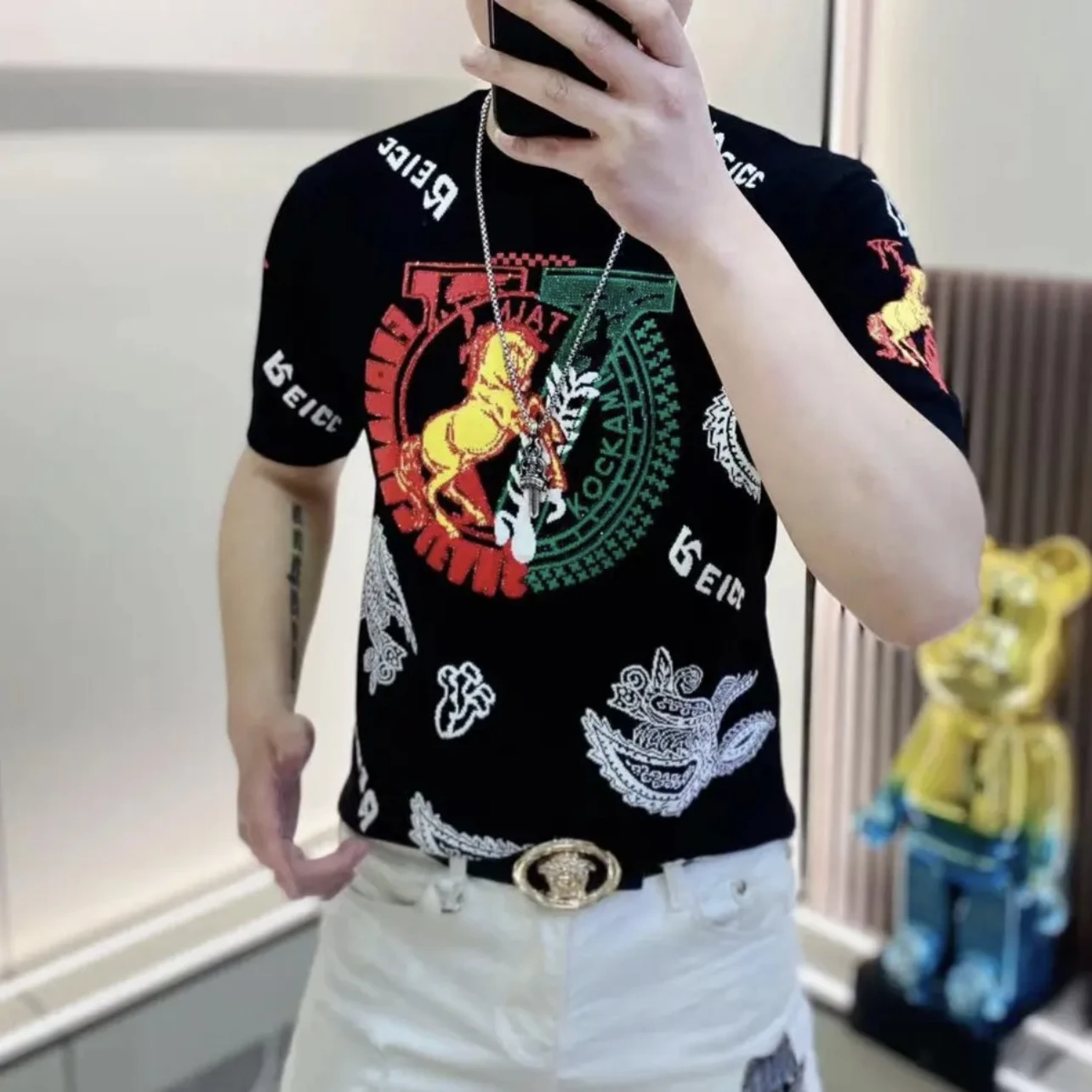 

Облегающая круглая футболка Ne ort Sve из ледяного шелка, трикотажная вышивка со стразами, молодежная модная летняя дышащая антибактериальная футболка