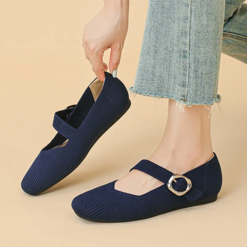 AIYUQI Mary Jane Shoes Women\'s 2024 New Square Toe Shallow Fall Women\'s Flats Ballet Shoes Knitted Large Size Casual Shoes Women