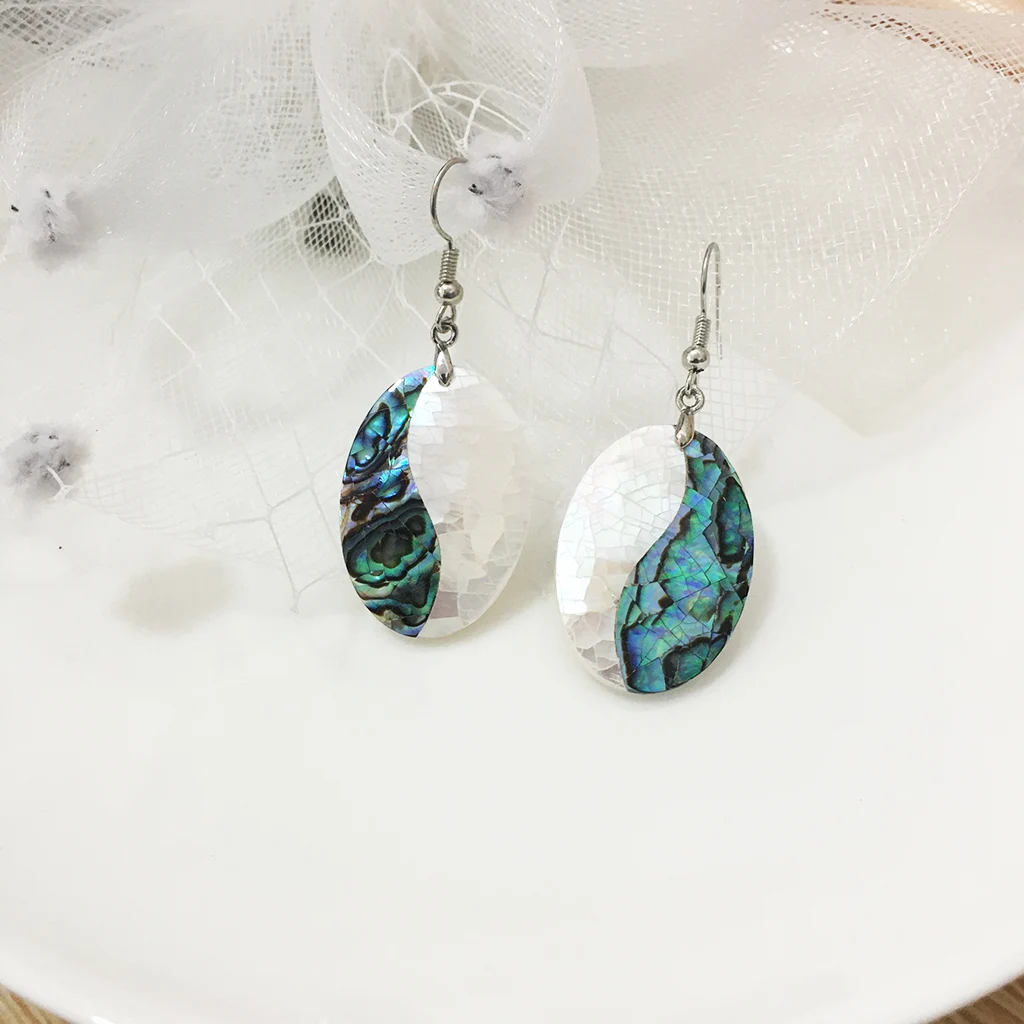Oval White Green Splicing Natural Abalone Shell Dangle Drop Earrings For Women Girls Unique Pendant Eardrop Party Fashion Daily