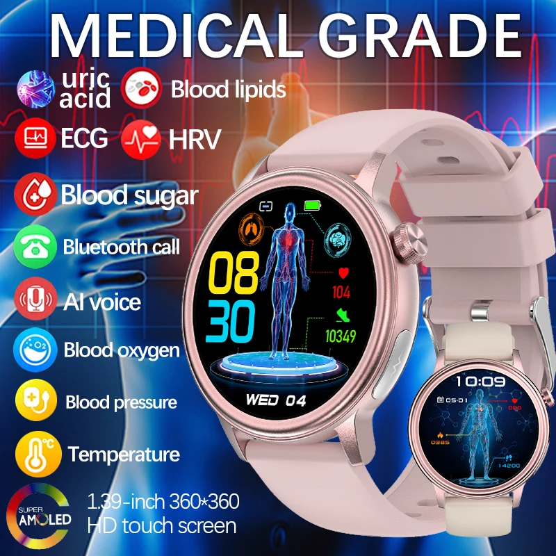 2024 New Medical Grade Blood Sugar Health Smart Watch Women ECG + PPG Blood Pressure Temperature Monitoring Bluetooth Call Watch