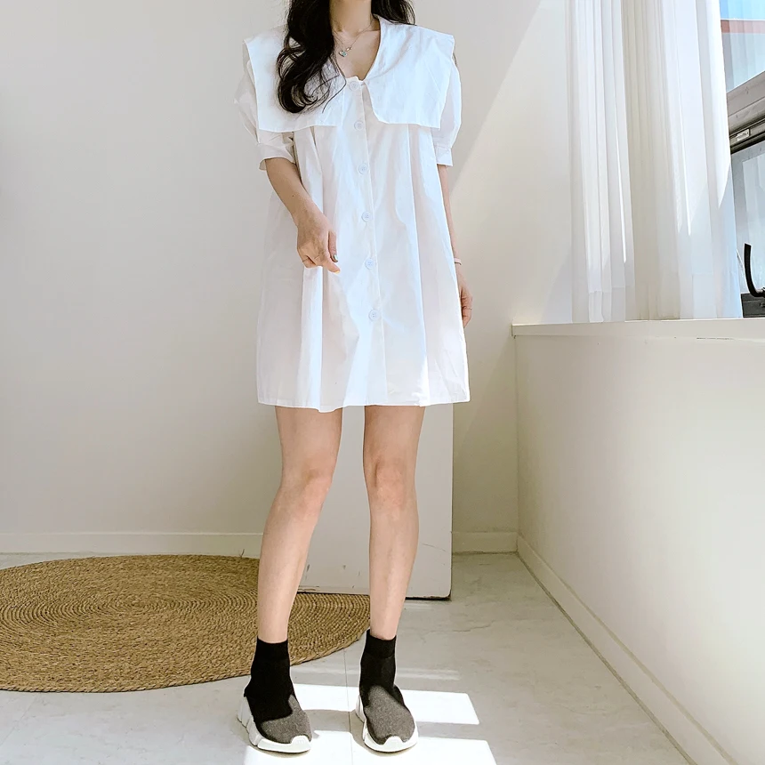 REALEFT 2023 Neue Sommer Vintage frauen Hemd Kleider Kurze Puff Sleeve V-ausschnitt Einreiher Casual Lose A-line Kleid Weibliche