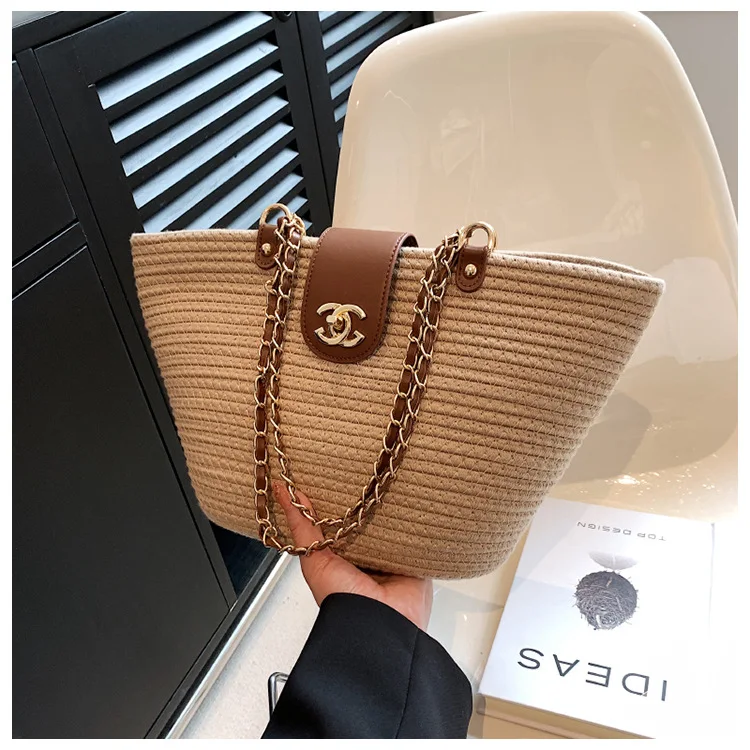 Vegetable basket straw woven bag women's 2026 new summer versatile woven chain shoulder bag large capacity tote bag
