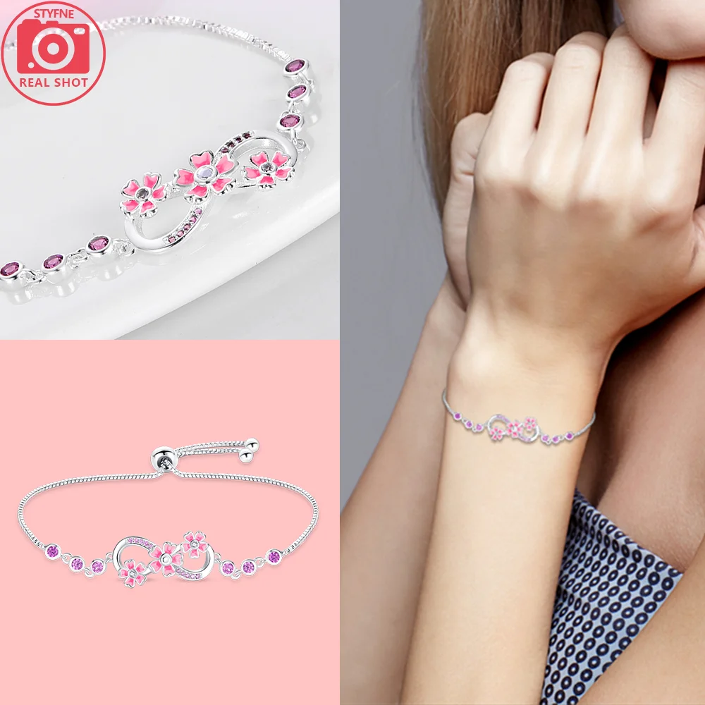실버 도금 925 오리지널 컬러풀 행운의 상징 핑크 꽃 팔찌 참 장식 브랜드 925 실버 참 비즈 여성용 주얼리 선물