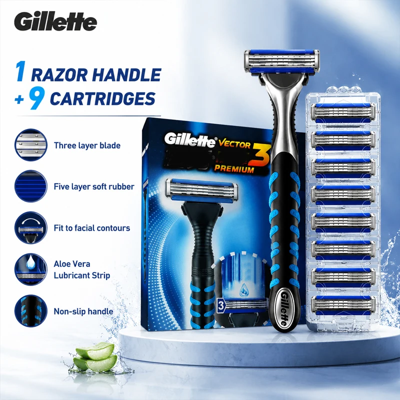 Gillette WFQH3 Enhanced Razor 3 Blade 5 Soft Rubber Fins Aloe Lubricating Strip Anti Slip Handle Men Manual Shaver 9 Blade Heads