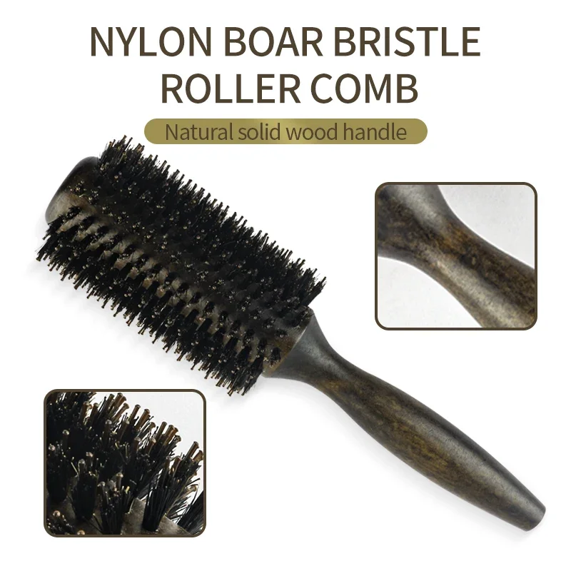 Professional Boar Bristle Round Hair Brush For Women Men Hair Styling Comb Hairdressing Wood Round Brush Barber Accessories