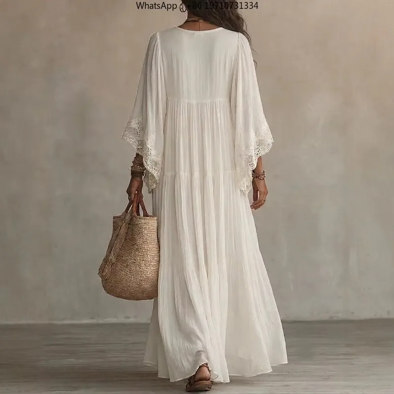 Women's Summer Solid Flowy Maxi Dress V Neck Lace Trim Beach Holiday Party Dress