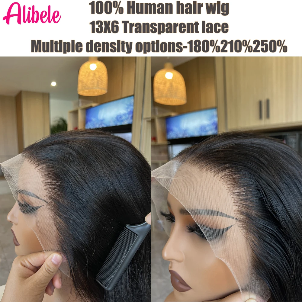 

ALIBELE Body Wave 13X6 Lace Front Human Hair Wigs Transparent Lace 180 210 250 Density Wig Pre Plucked Natural Black For Woman