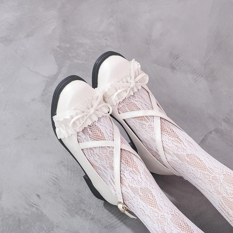 Japanese Sweet Student Lolita Shoes Cute Lace Bowknot Kawaii Shoes Vintage Round Head Cross Bandage Women Shoes Loli Cosplay