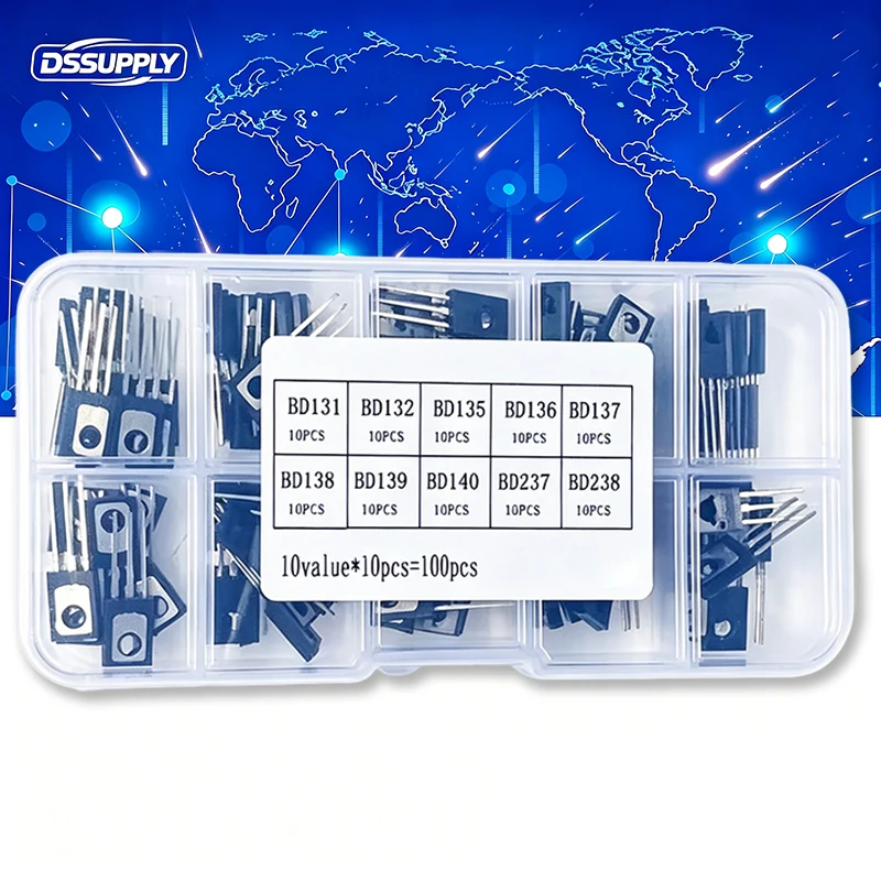 100PCS TO126 Transistor KIT 10Values Includes Model BD131 BD132 BD135 BD136 BD137 BD138 BD139 BD140 BD237 BD238 Each 10 With Box