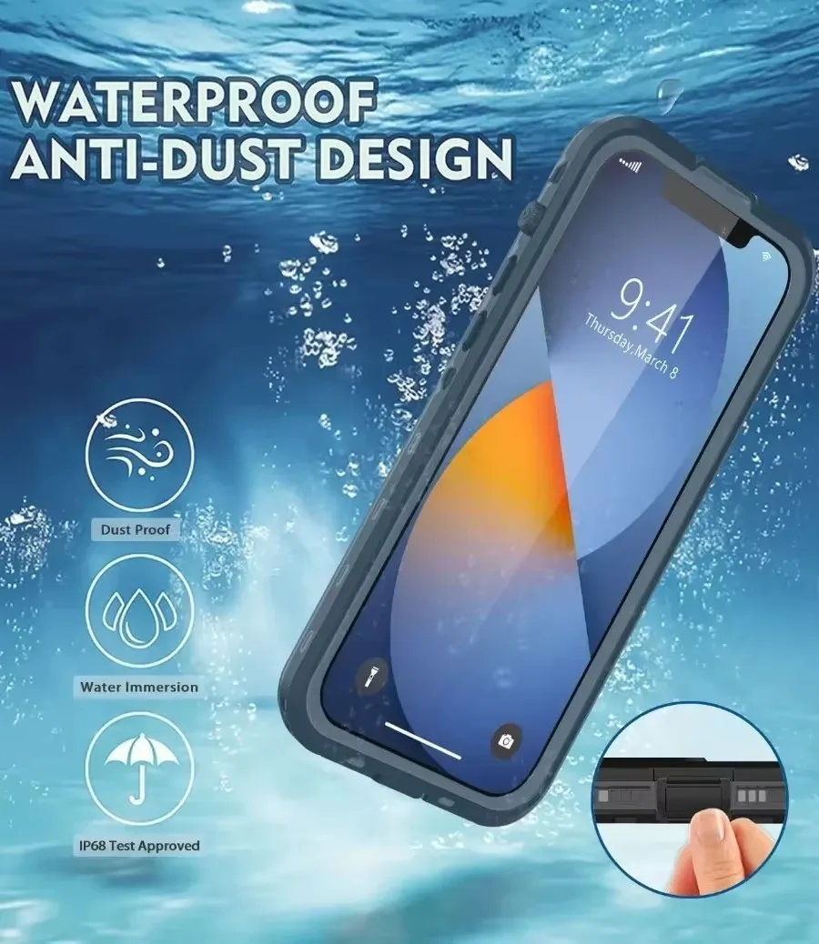 IP68 Full Sealed Clear Waterproof Case For iPhone 16 15 14 Plus 13 12 11 Pro Max Mini XR Shockproof Cover with Screen Protector