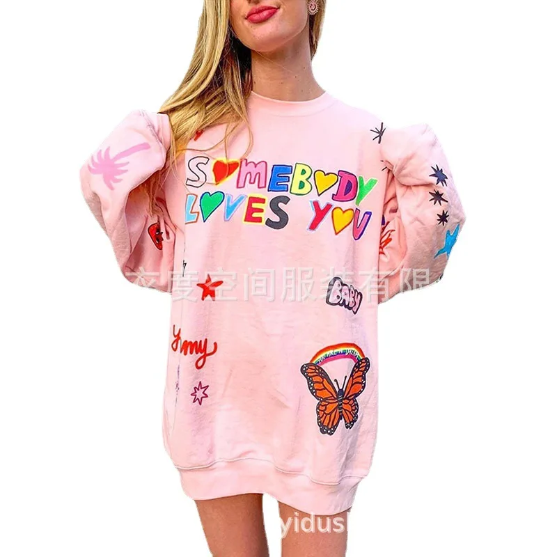 Casual Pink Letter Print Loose Hooded Women Sweatshirt Hoodie Hip-hop Versatile Girls\' Tops Long Sleeves Sports Streetwea