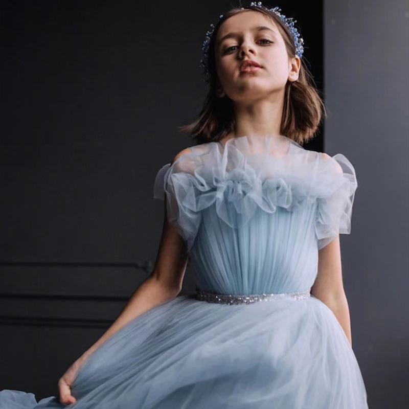 EACHIN Princess Dress for Girls Elegant Mesh Party Dresses Teenager Wedding Clothing Child Sleeveless Sky Blue Tulle Ball Gown