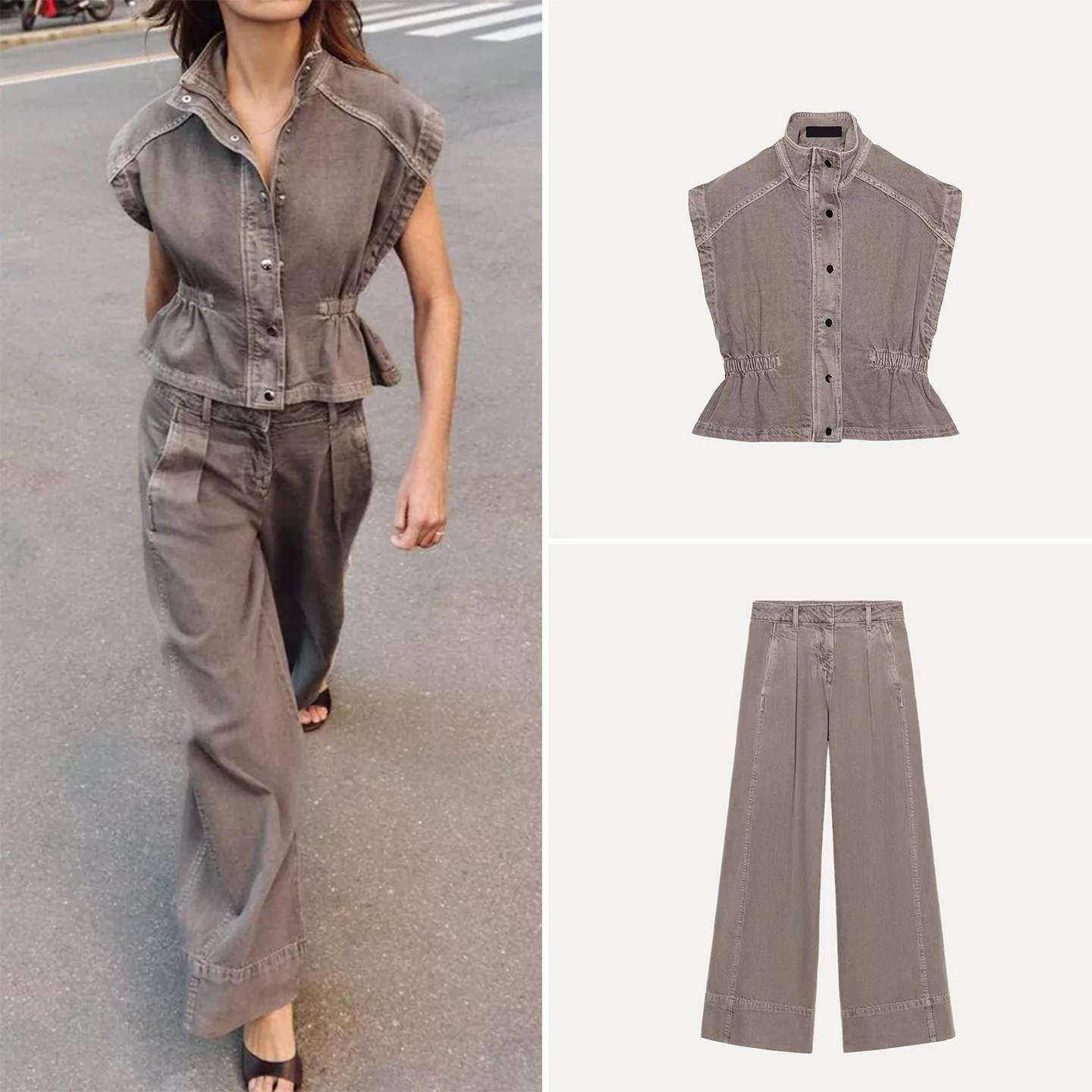 

Women's High Collar Elastic Waist Denim Vest Casual Wide Leg Pleated Pants Two Piece Set Comfortable Breathable Summer Outfit