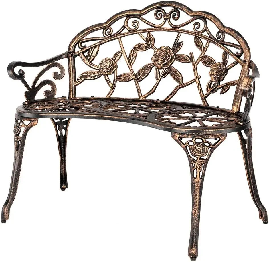 Patio Park Garden Outdoor Metal Rose Bench,Cast Iron Cast Aluminium Frame Antique Finish Chair,Accented