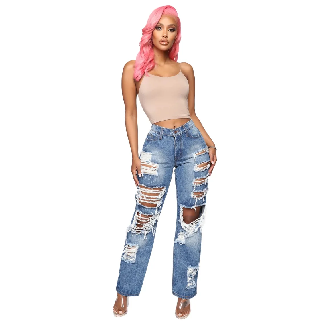 

Fashion Personality Ripped Non-elastic Straight Pants jeans for women