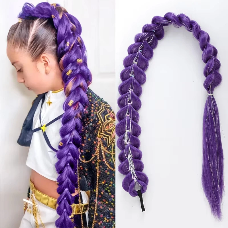 Braided synthetic Purple Hair Ponytail with Wig Super Long Extensions Shiny Tinsel Hair for Kids Party Use Purple Wig