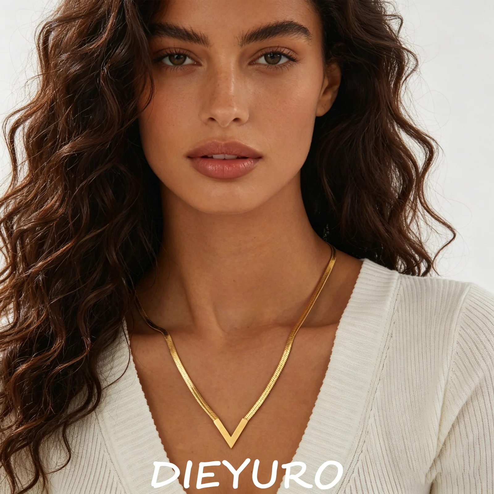 DIEYURO 316L Stainless Steel Golden Snake Bones V Pendant Necklace Lady Vintage Flat Snake Chain Choker Minimalist Jewelry Gift