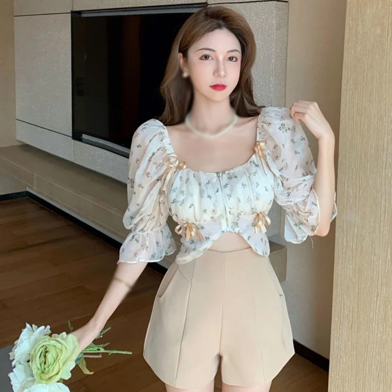 Summer Clothes Women Flower Lace Short Women\'s T-Shirt Square Neck Bubble Sleeves Chiffon Tops