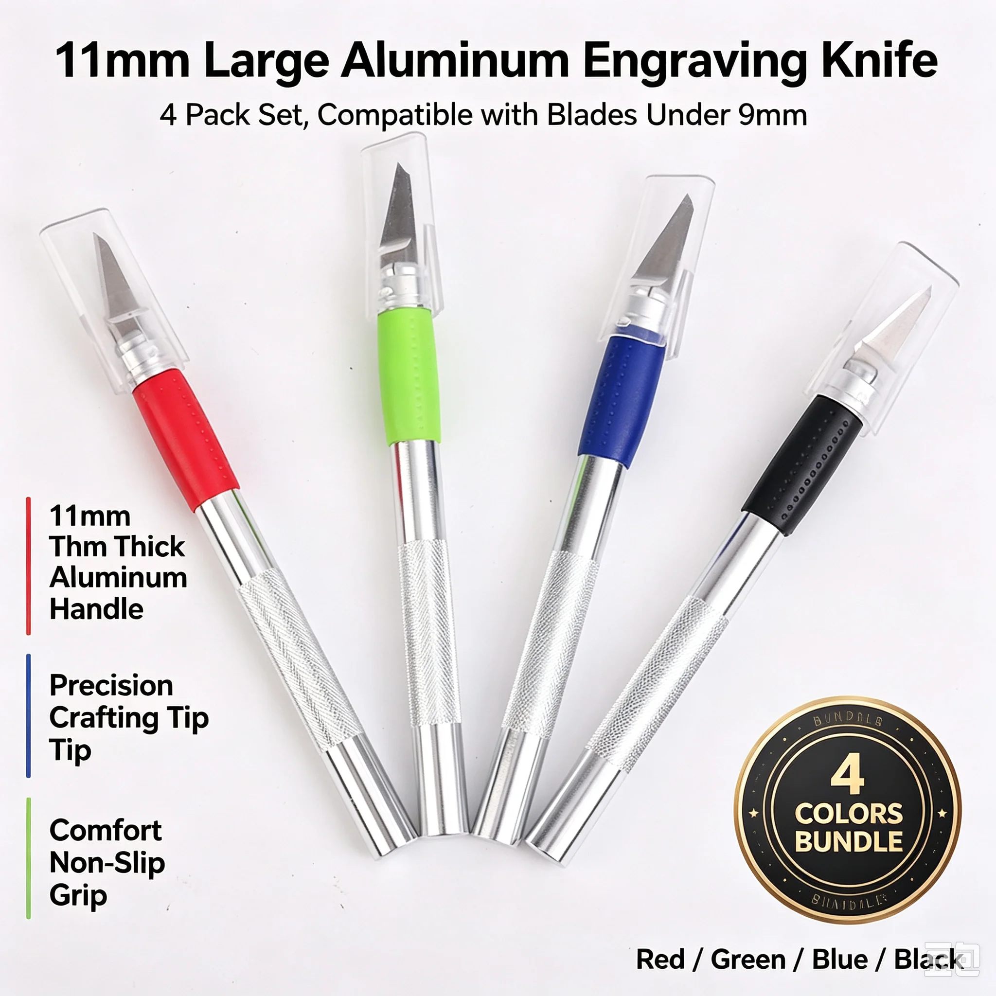 4Pcs 11mm Thick Aluminum Craft Engraving Knife Set, 4 Colors, Precision Cutter Fit Blades Under 9mm for DIY Model Paper Art