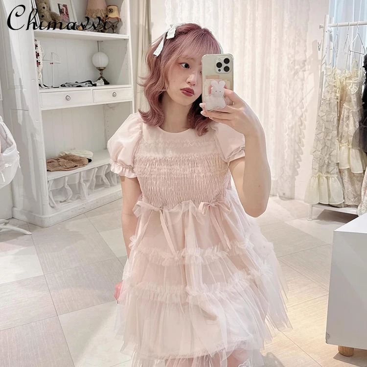 Abito a trapezio con maniche a sbuffo trasparenti da principessa dolce giapponese Abiti corti eleganti da donna con maniche corte a maniche corte super fata