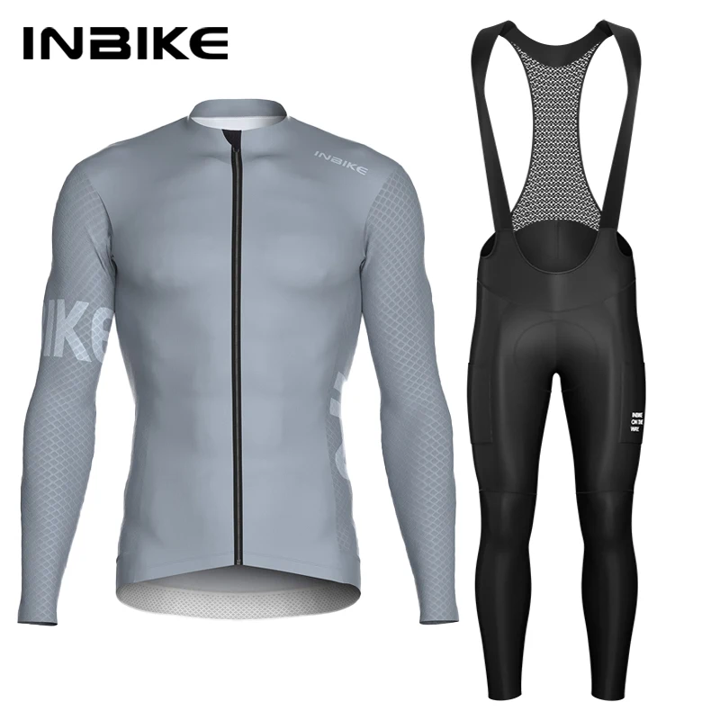 

INBIKE Men's Cycling Set Long Sleeve Jersey Bib Pants Quick-Dry Road Bike Suit with Pockets Spring Autumn Cycling Clothing Man