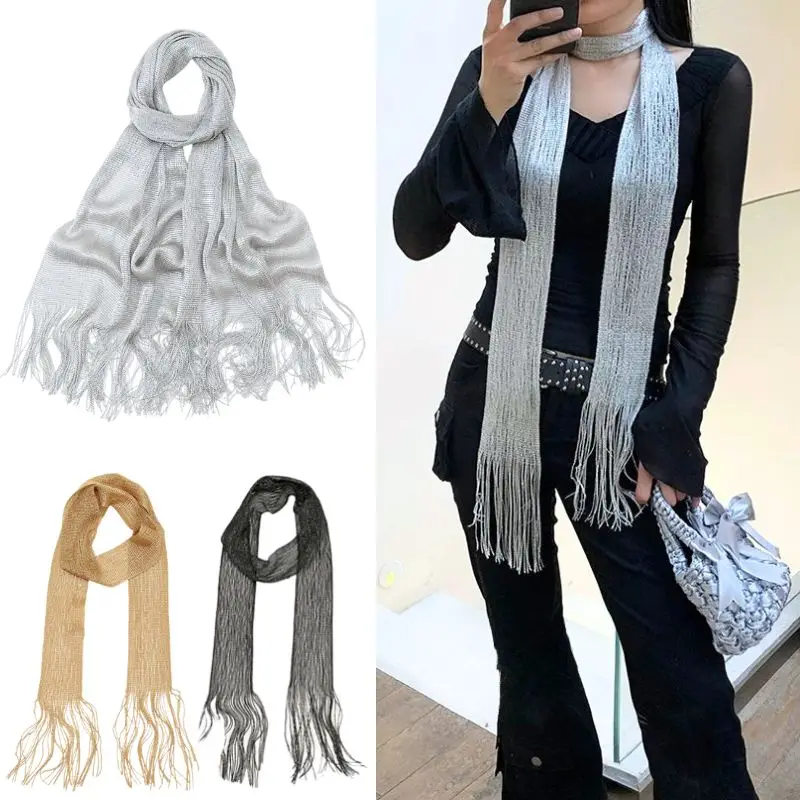 

Thin Long Multi-purpose Scarf Bright Silk Shiny Scarf Gold Thread Tassel Scarves Sunscreen Shawl Silk Ribbon Scarf For Women