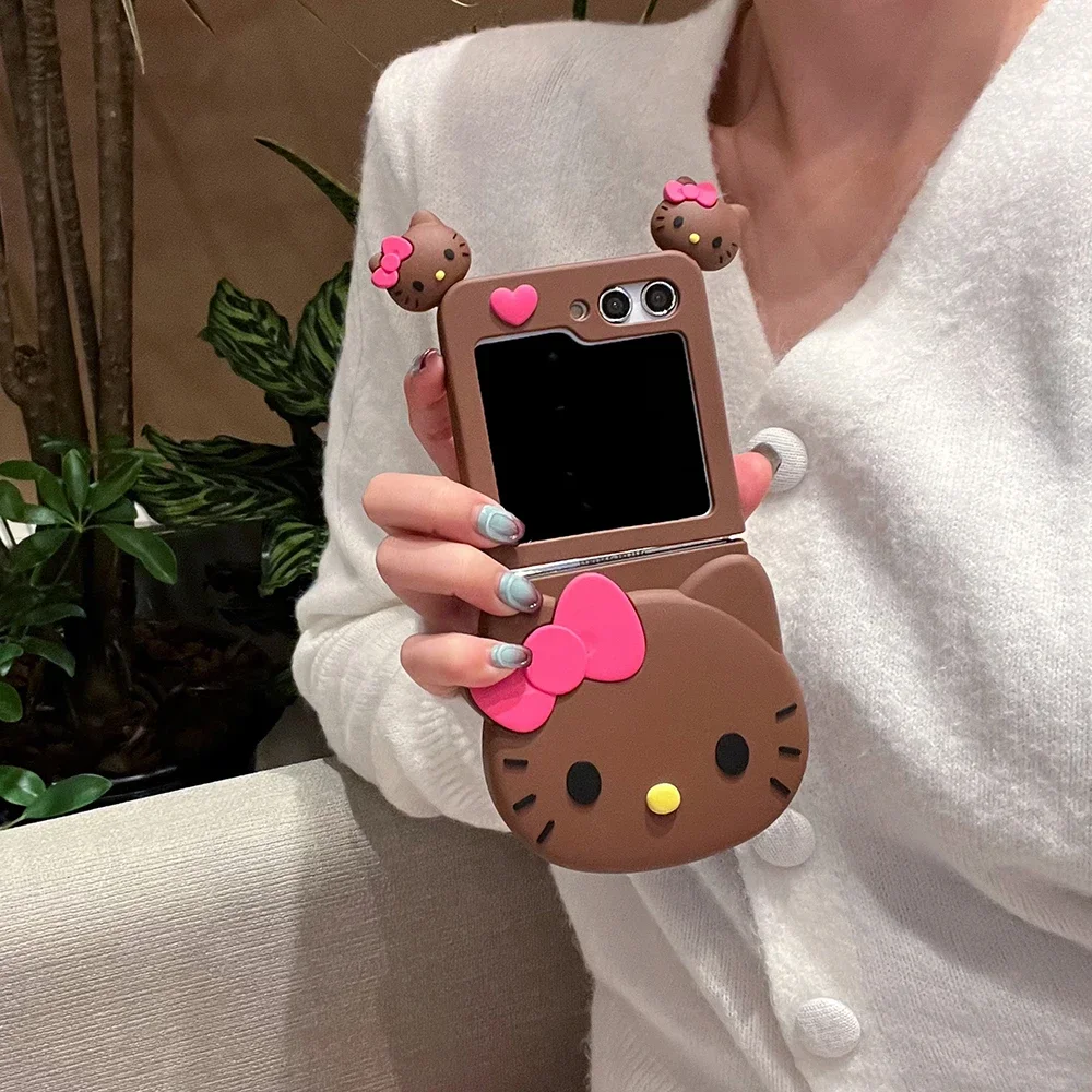 Cute Stereoscopic Sanrio Hello Kitty with Lanyard Phone Case for Samsung Galaxy Z Flip 3 4 5 5G Silica gel Soft Back Cover Girl