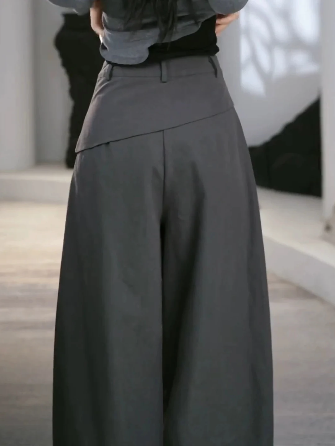 Gray Asymmetrical Wide Leg Pants Women's Loose Straight Casual Trousers Autumn New Style High Waist Zipper Other Material
