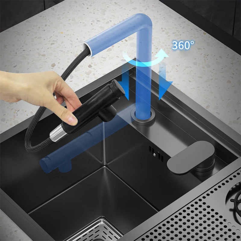 Nano Hidden Bar Kitchen Sink Black Folding Faucet Cup Washer Mini Single Bowl Basin Stainless Steel Soap Dispenser Accessories