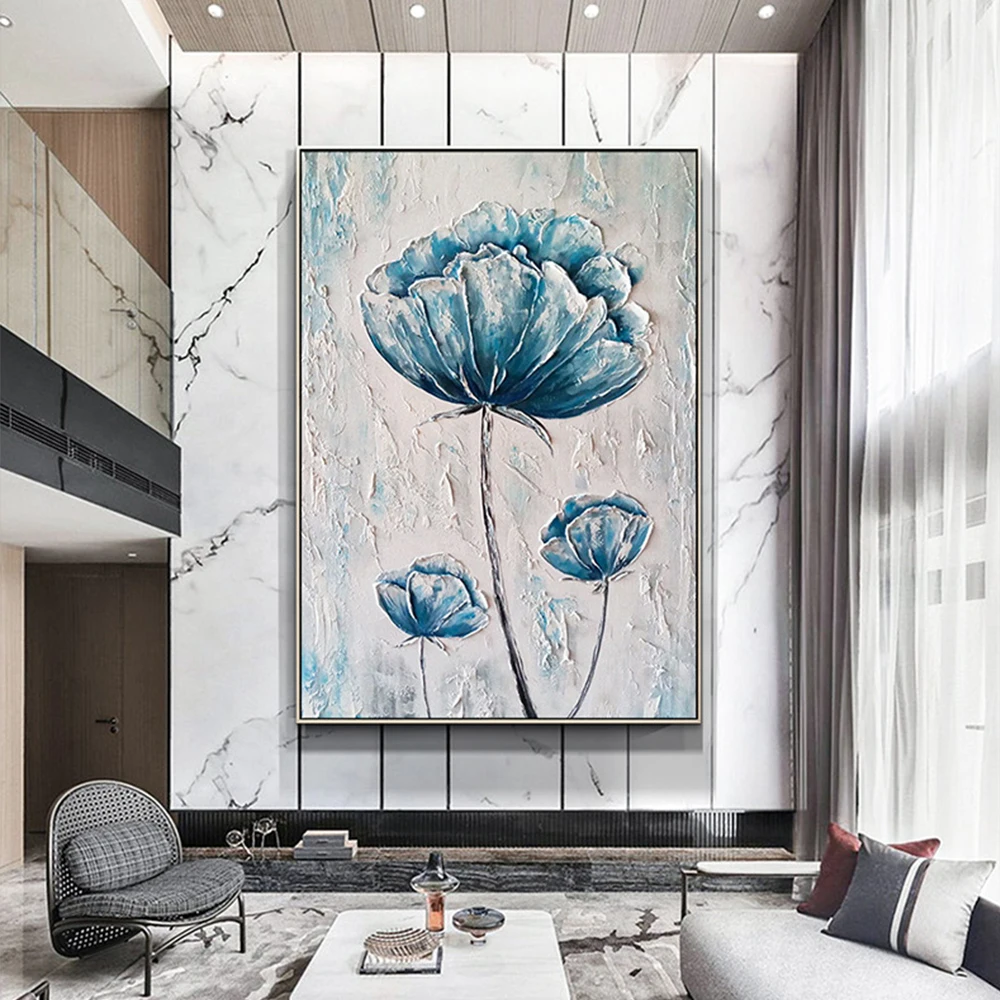 

Hand Painted Blue Flower Painting 3D Abstract Modern Wall Decoration Thick Oil Painting Flower For Home Living Room Decor Gift