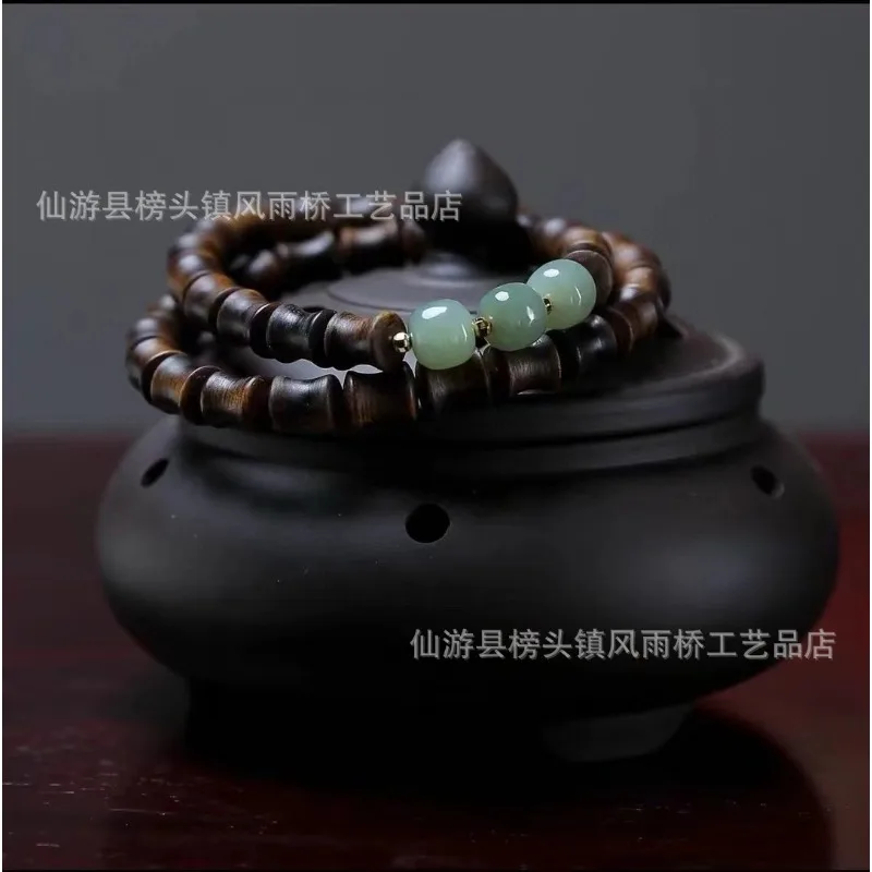 Natural Blue Jadeite & Old Agarwood Bamboo Joint Double-loop Couple Bracelets - Luck & Career Boost Gifts