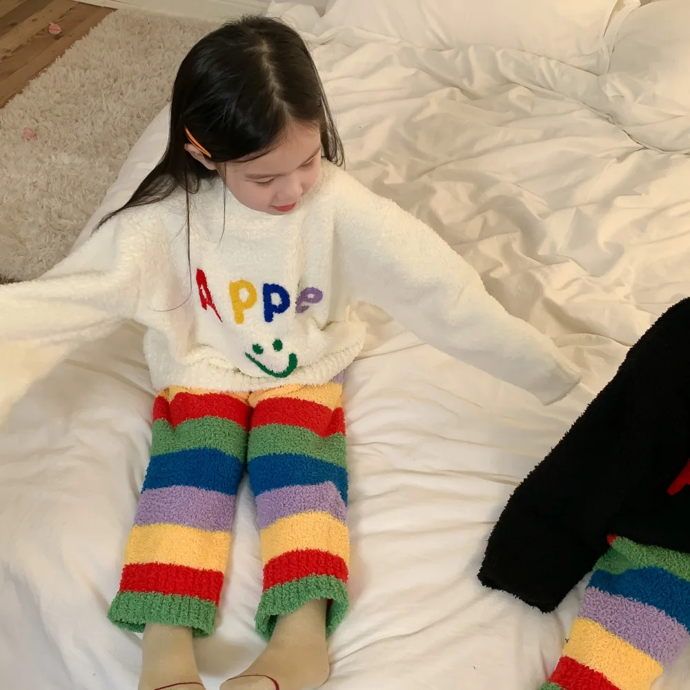 2024 Winter Children Girls 2PCS Clothes Set Cotton Warm Smiling Pullovers Rainbow Striped Trousers Kids Girls Loungewear Outfits