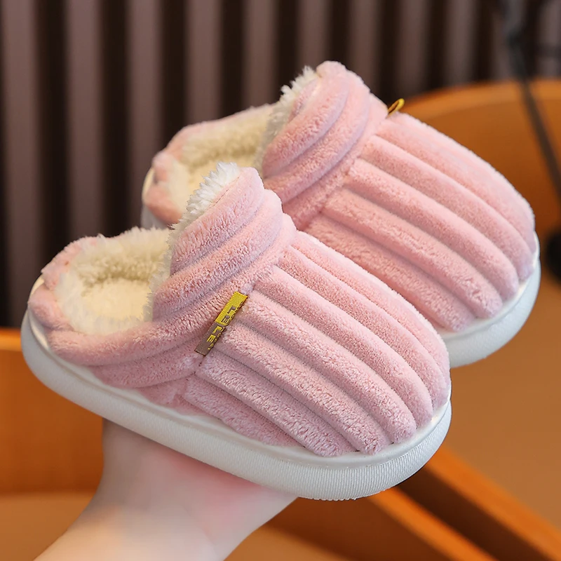 2024 Winter Concise Stripe Plush Slippers Children\'s Non-slip Soft Indoor Fluffy Mule For Boys Girls Warm Kids Home Cotton Shoes