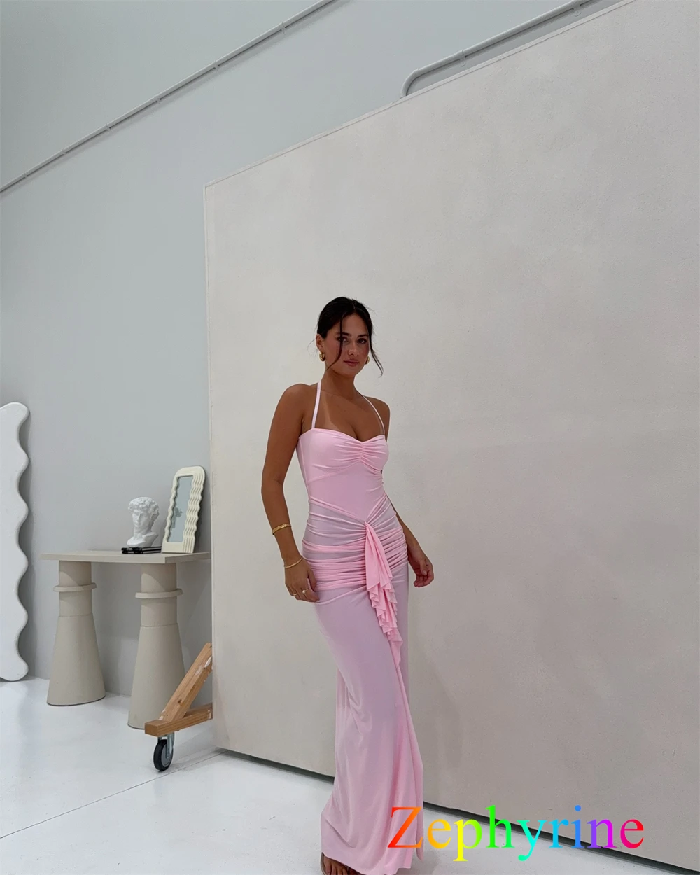 Personalizado sereia simples camisa rosa vestido de noite clássico halter sem mangas vestidos de baile moda vestido de festa