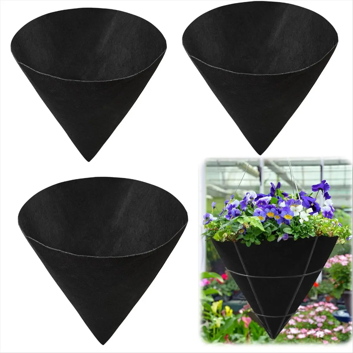 NOCM 3PCS Cone Shaped Planter Basket Liners Fabric Hanging Plant Liners Non-Woven Planter Liners Black Felt Liners 14in
