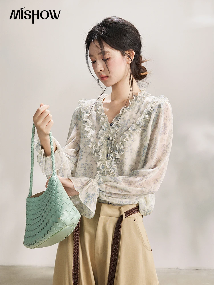 

MISHOW Women's Light Blue Paisley Print Ruffle Blouse V-neck Sheer Long Sleeve Chiffon Shirt Casual Summer Wear MXF13X2549