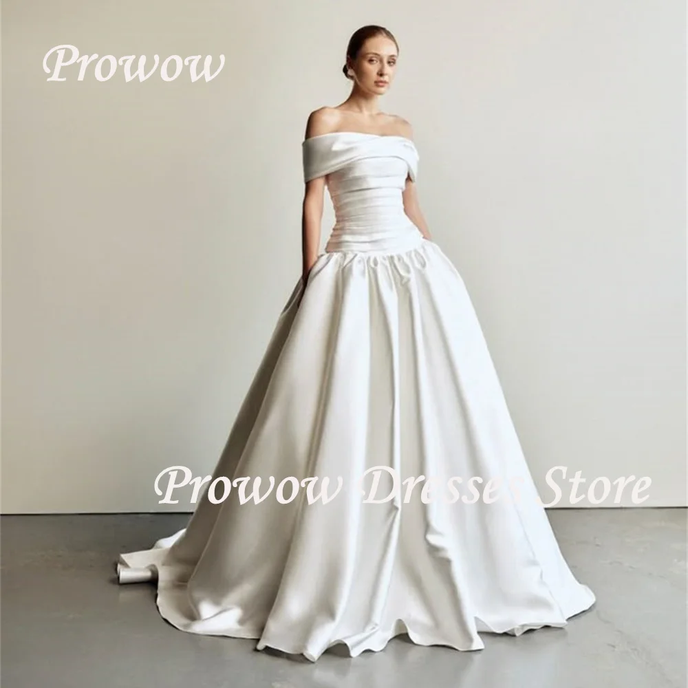 

Prowow Vintage A Line Wedding Dresses Off Shoulder Pleats Satin Bridal Gowns Floor Length 2025 Women Party Gowns Customized