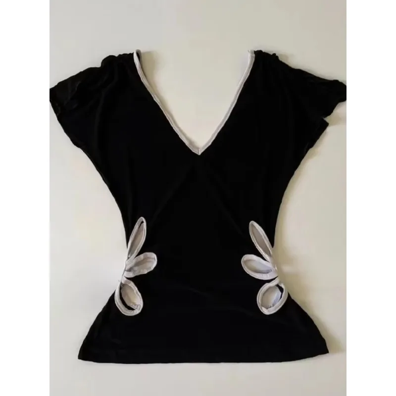 Women Vintage Harajuku V Neck Backless T Shirt Summer Casual Patchwork Y2k Crop Top