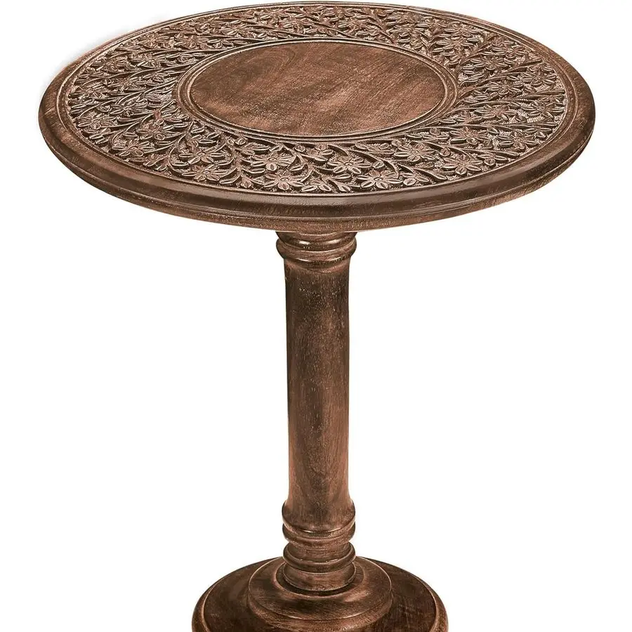 

End Table for Living Room 18x22 Burnt Finish Carved Side Table, Single Pillar Nightstand, Bedside Table for Books, Plants, Magaz