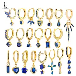 925 Sterling Silver Ear Needle Blue Crystal Geometric Pendant Earrings Luxury Dark Blue Heart Gold Earrings Party Fine Jewelry