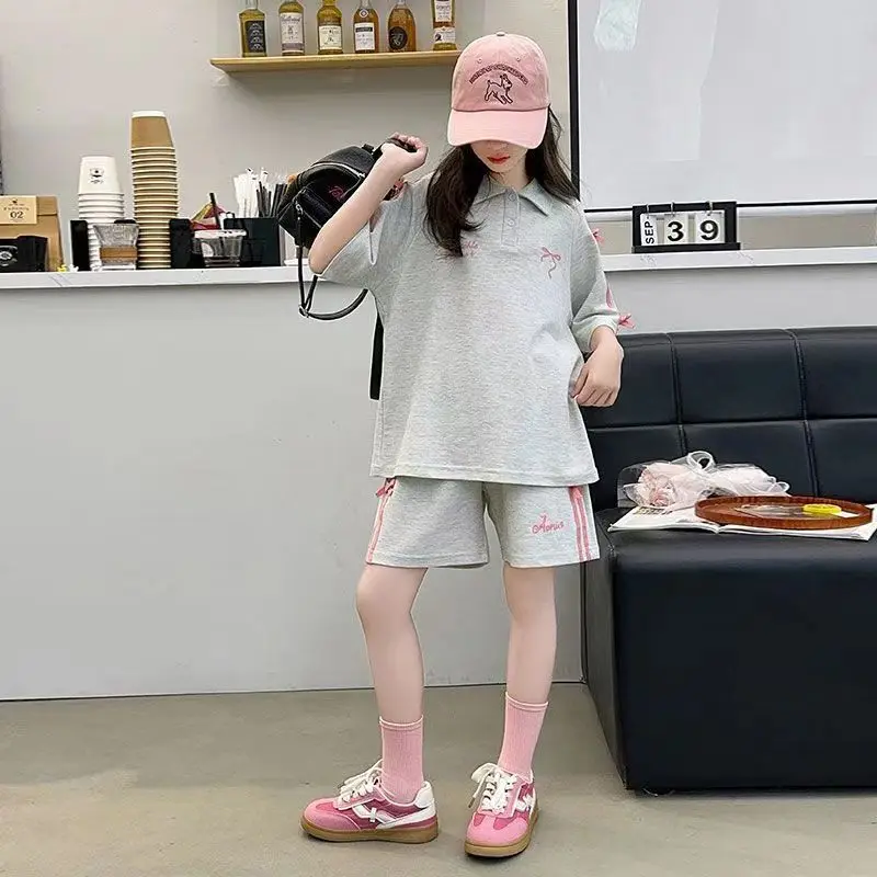 2026 SUMMER children set Girls Clothes sport tracksuit teenager bow striped T-shirt top + shorts hot pant 4 5 8 9 10 11 12 years