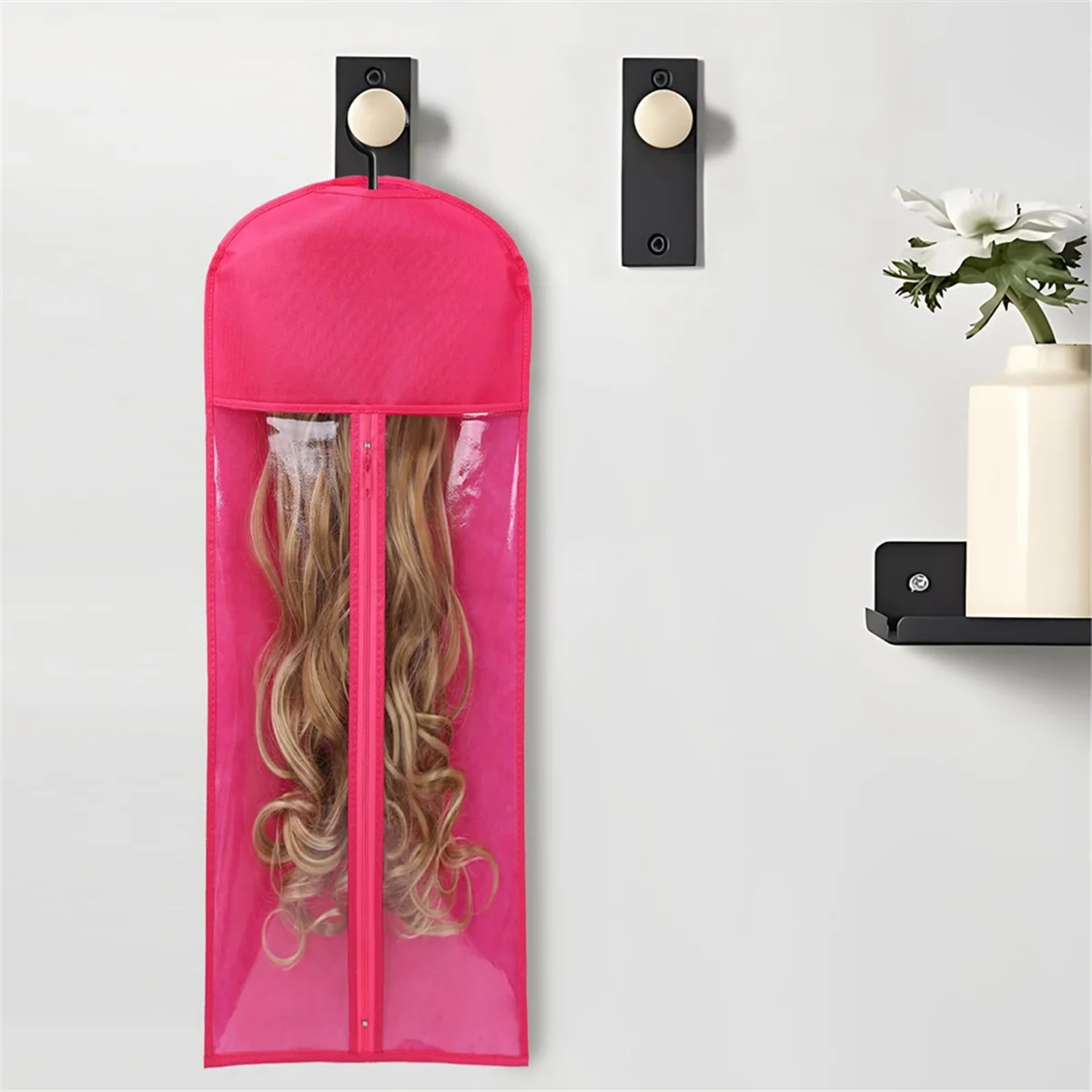 3PCS Extra Long Wig Hanger and Storage Bags, Dustproof and Waterproof Hair Extension Holder, Designed for Wigs Rose Red