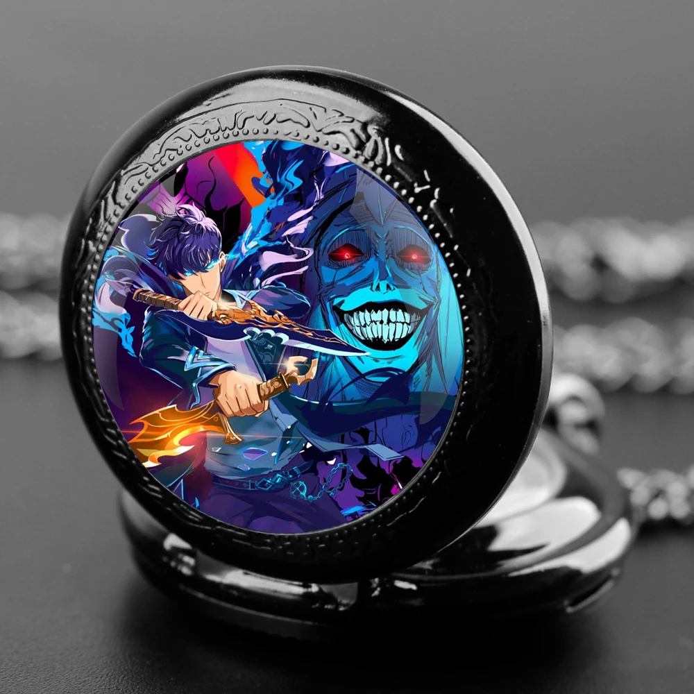 Cool Anime Solo Leveling Glass Dome Pocket Watch with Chain Necklace Vintage Quartz Pendant Watches Mens Women Gift